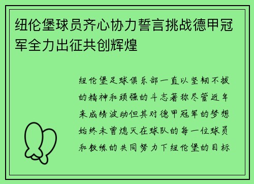 纽伦堡球员齐心协力誓言挑战德甲冠军全力出征共创辉煌