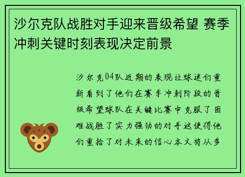 沙尔克队战胜对手迎来晋级希望 赛季冲刺关键时刻表现决定前景